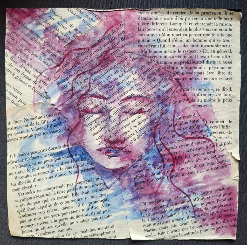 aquarelle sur page de livres recyclés illustration originale art féminin