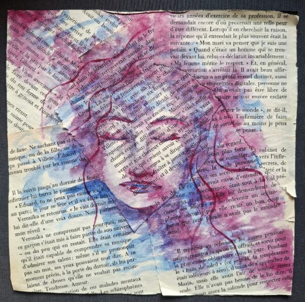 aquarelle sur page de livres recyclés illustration originale art féminin