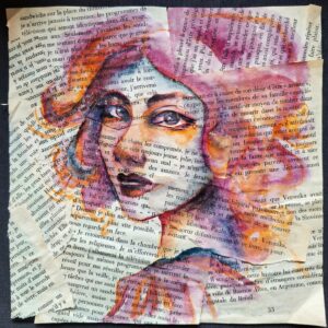aquarelle sur page de livres recyclés illustration originale art féminin